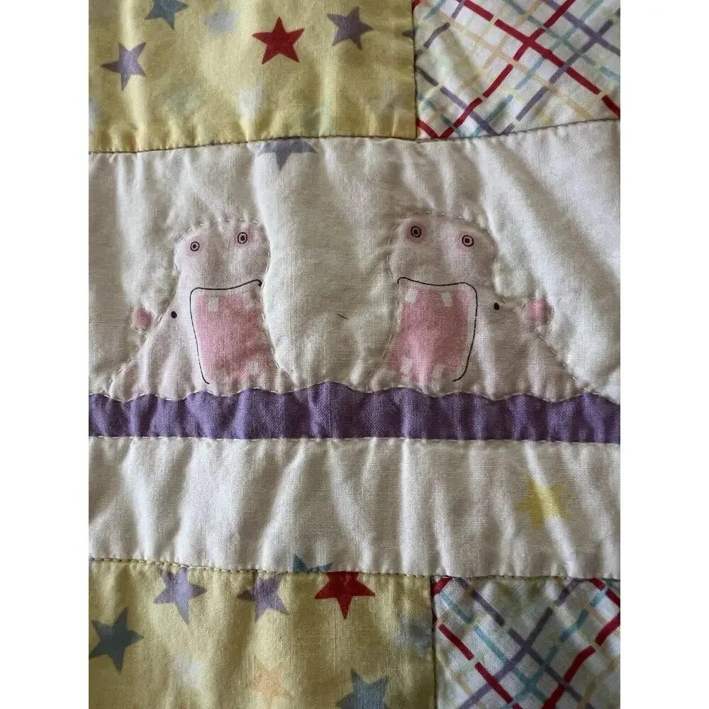 Vintage Handmade Childs Baby Quilt Rainbows Hearts Love Animal Patch Works Cotto